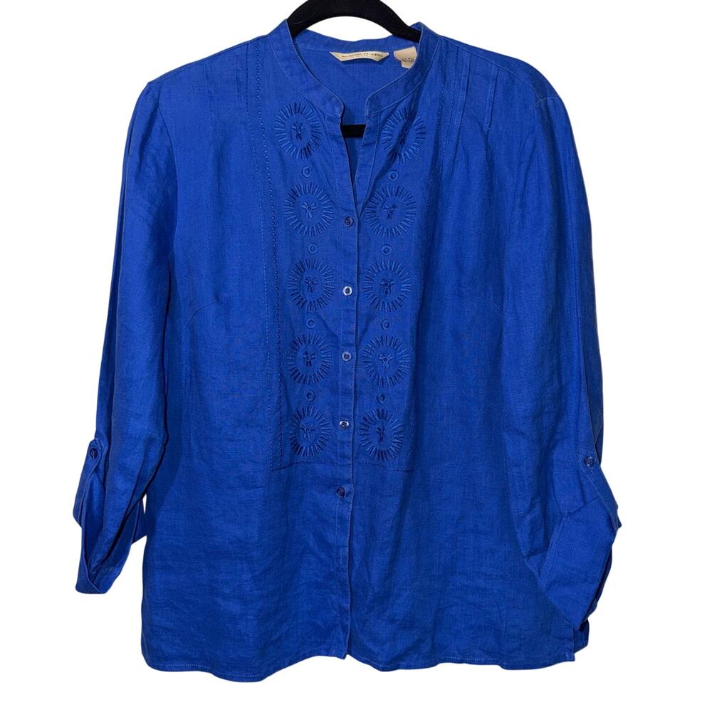 e.col.o.gie Petite Blue 100% Linen Embroidered Button Up Blouse Top PL Roll Tab